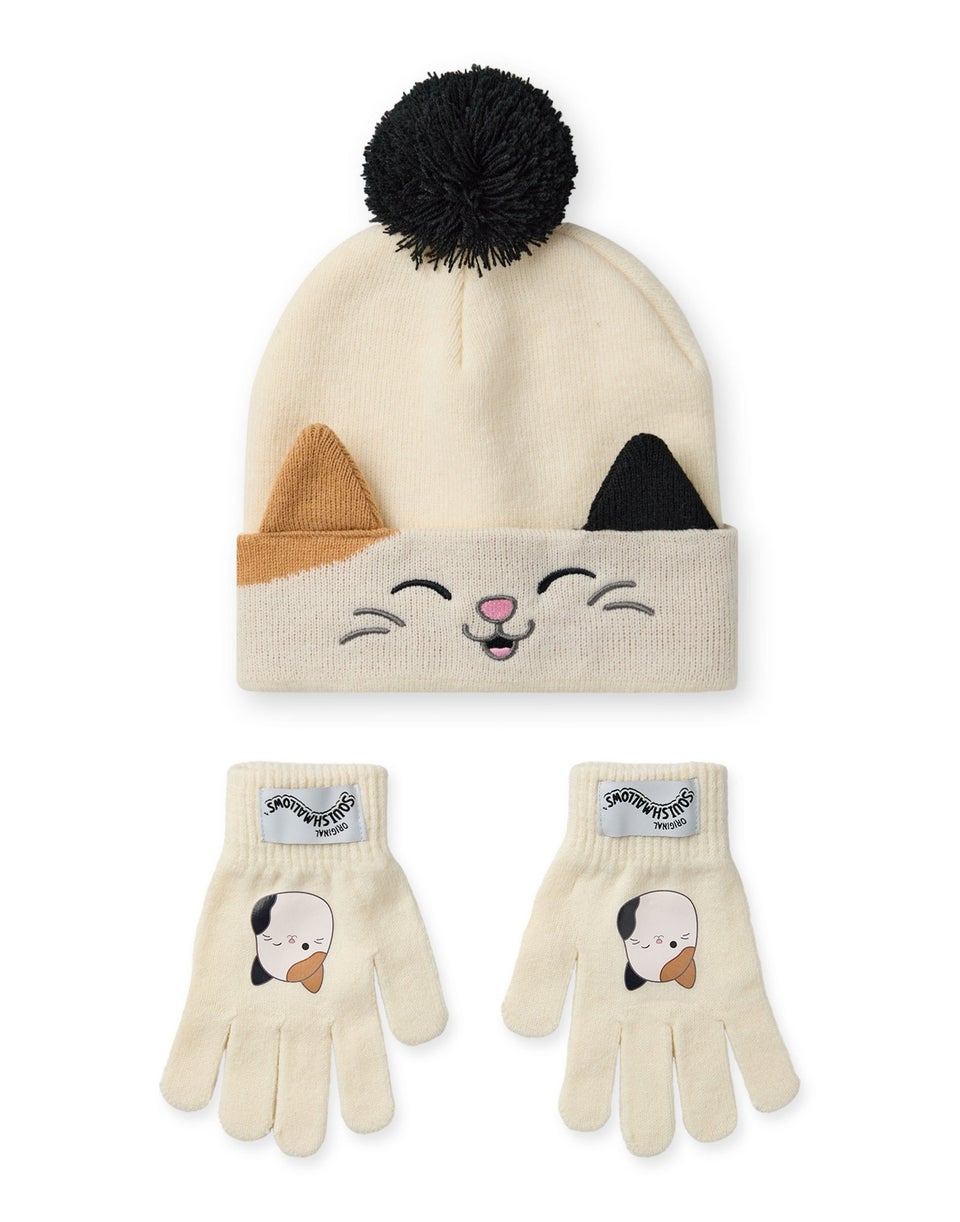Squishmallows Girls Beige Cam The Cat Beanie & Gloves Set