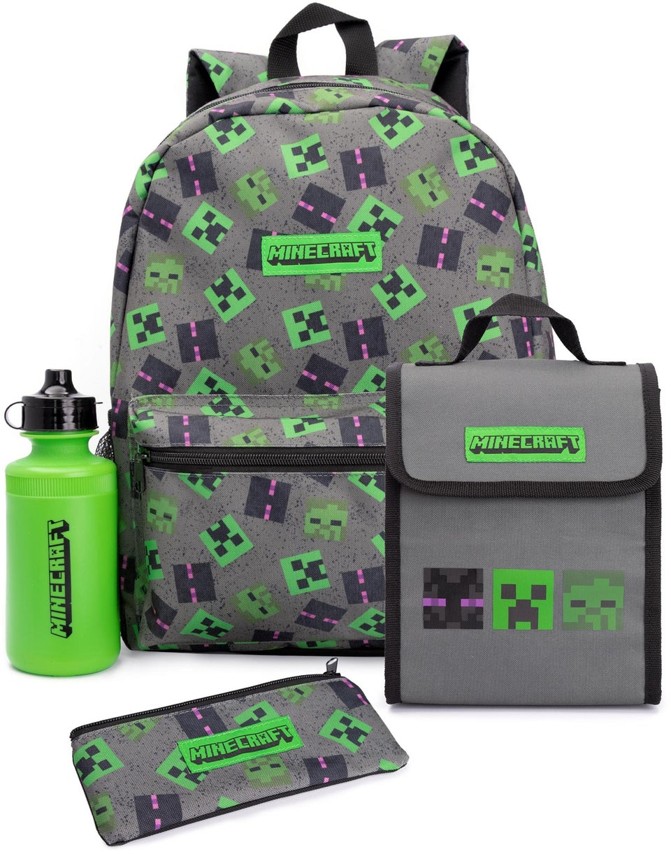 Minecraft Boys Grey Creeper Backpack Set 4 Piece