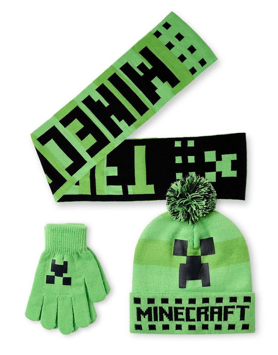 Minecraft Boys Green Creeper Face Beanie, Gloves & Scarf Set