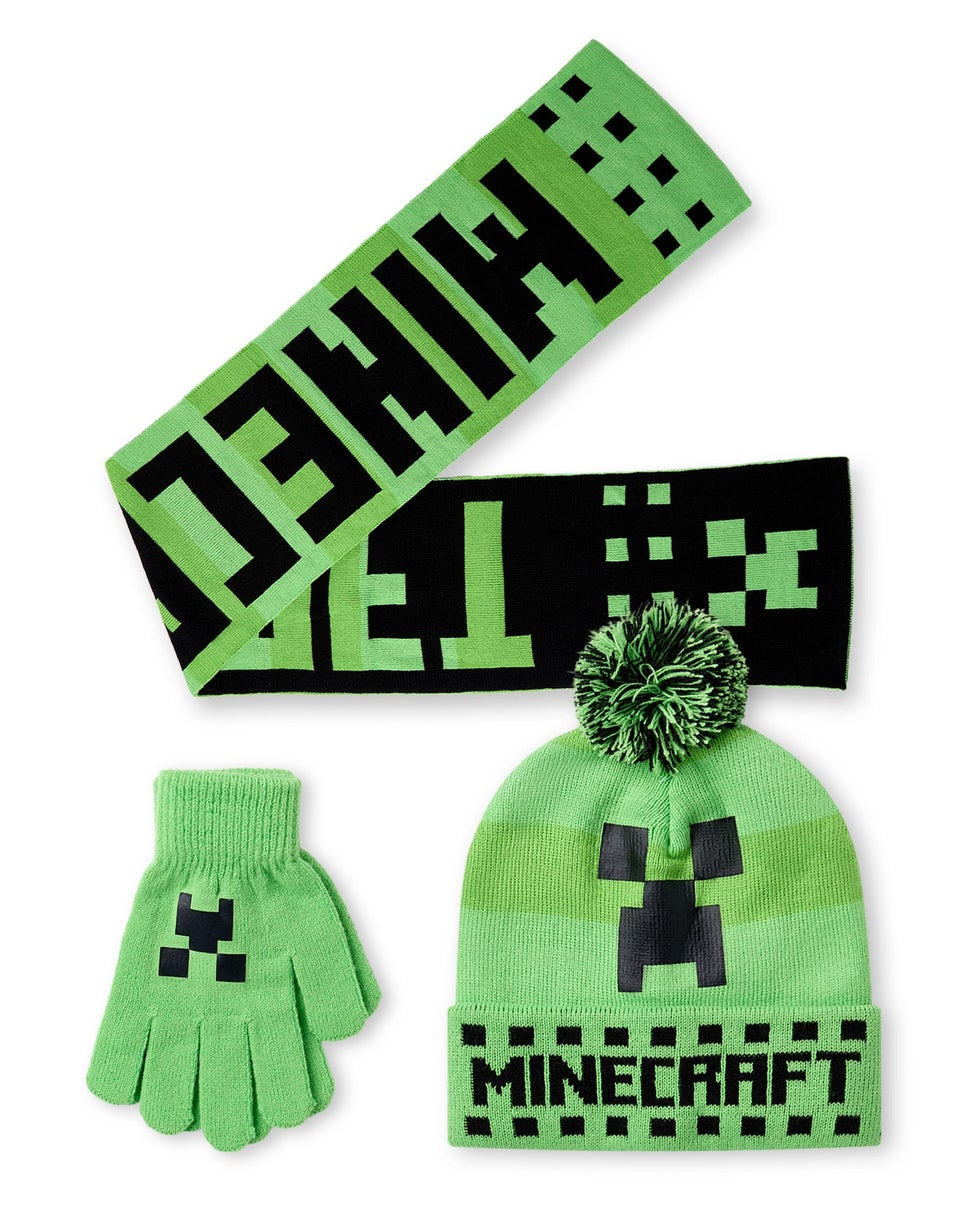 Minecraft Boys Green Creeper Face Beanie, Gloves & Scarf Set