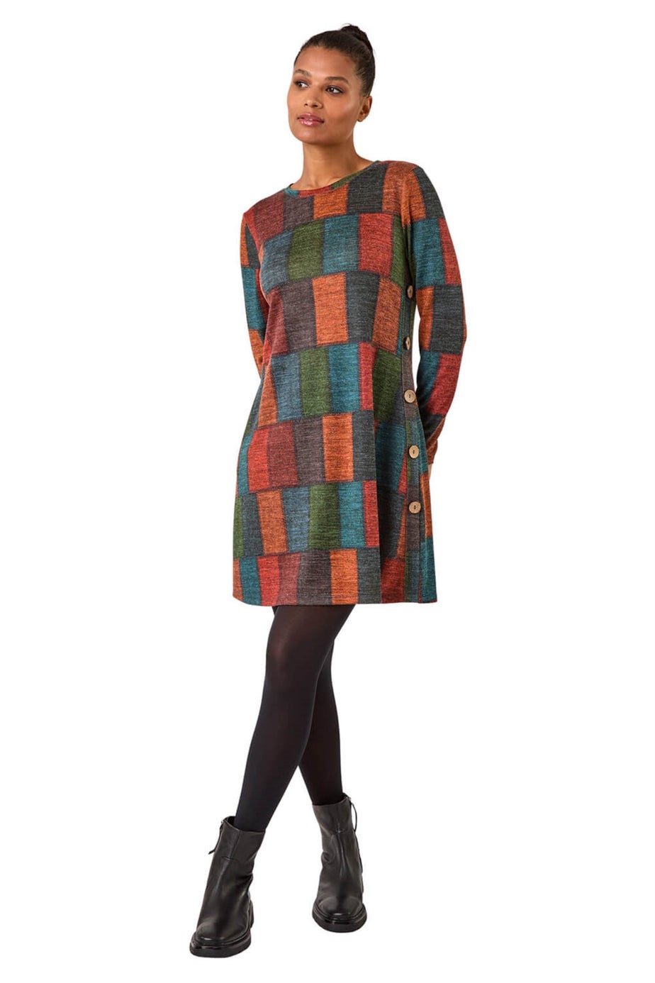 Roman Red Patchwork Pattern Button Detail Dress - Matalan
