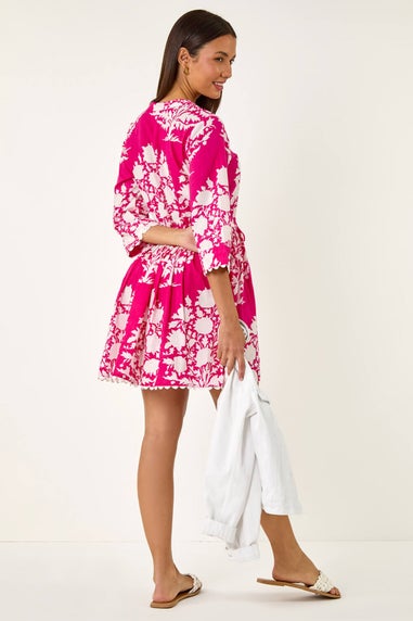 Roman Fuchsia Floral Button Smock Dress