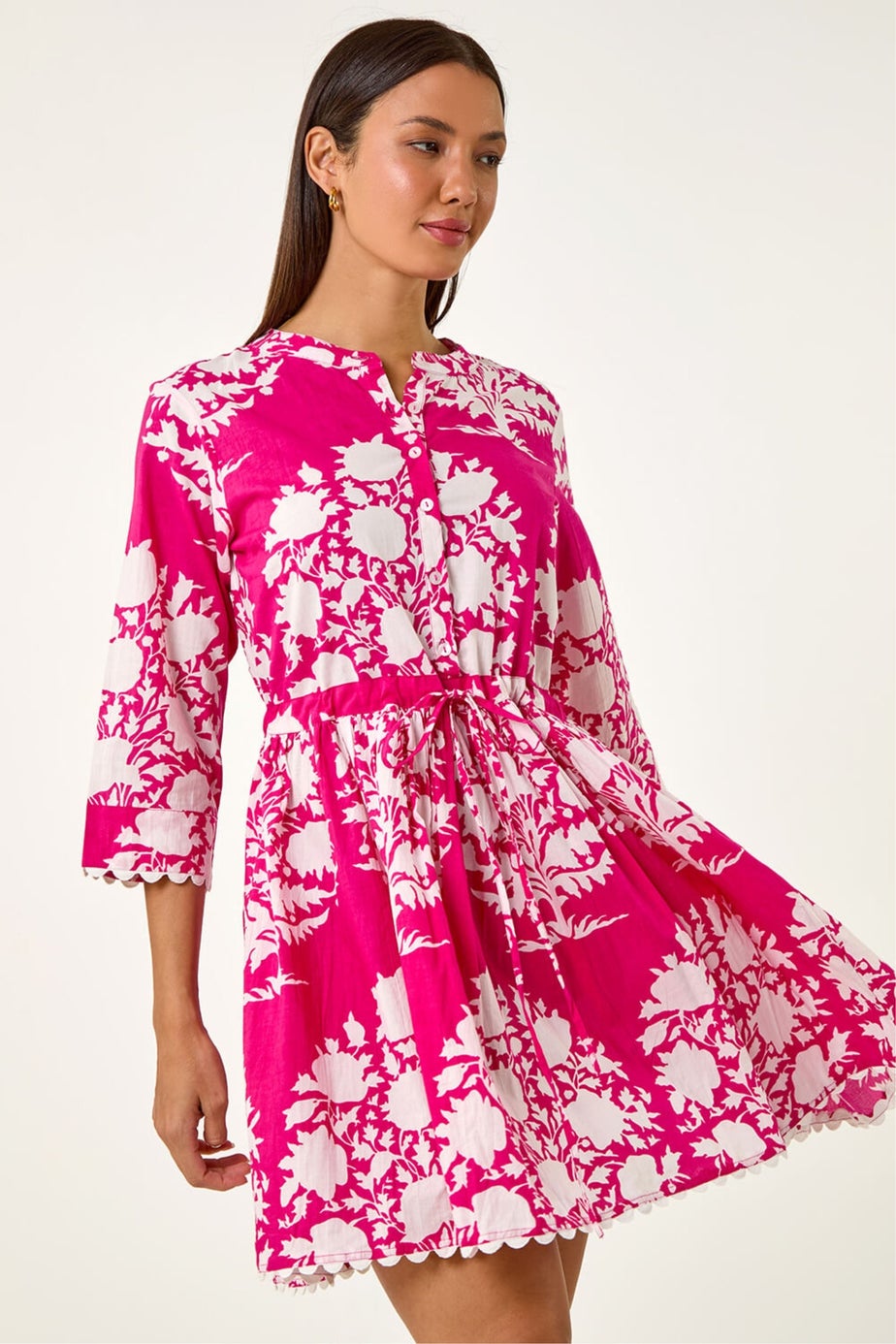 Roman Fuchsia Floral Button Smock Dress