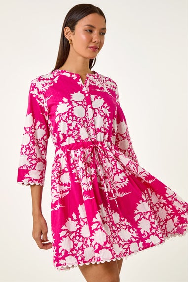 Roman Fuchsia Floral Button Smock Dress