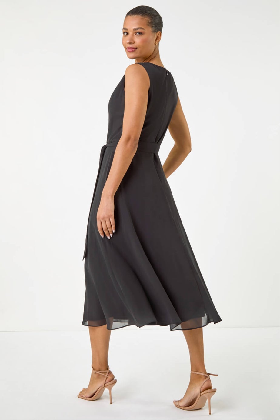 Roman Black Chiffon Pleated Neck Midi Dress