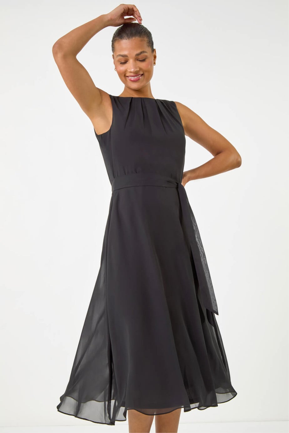 Roman Black Chiffon Pleated Neck Midi Dress