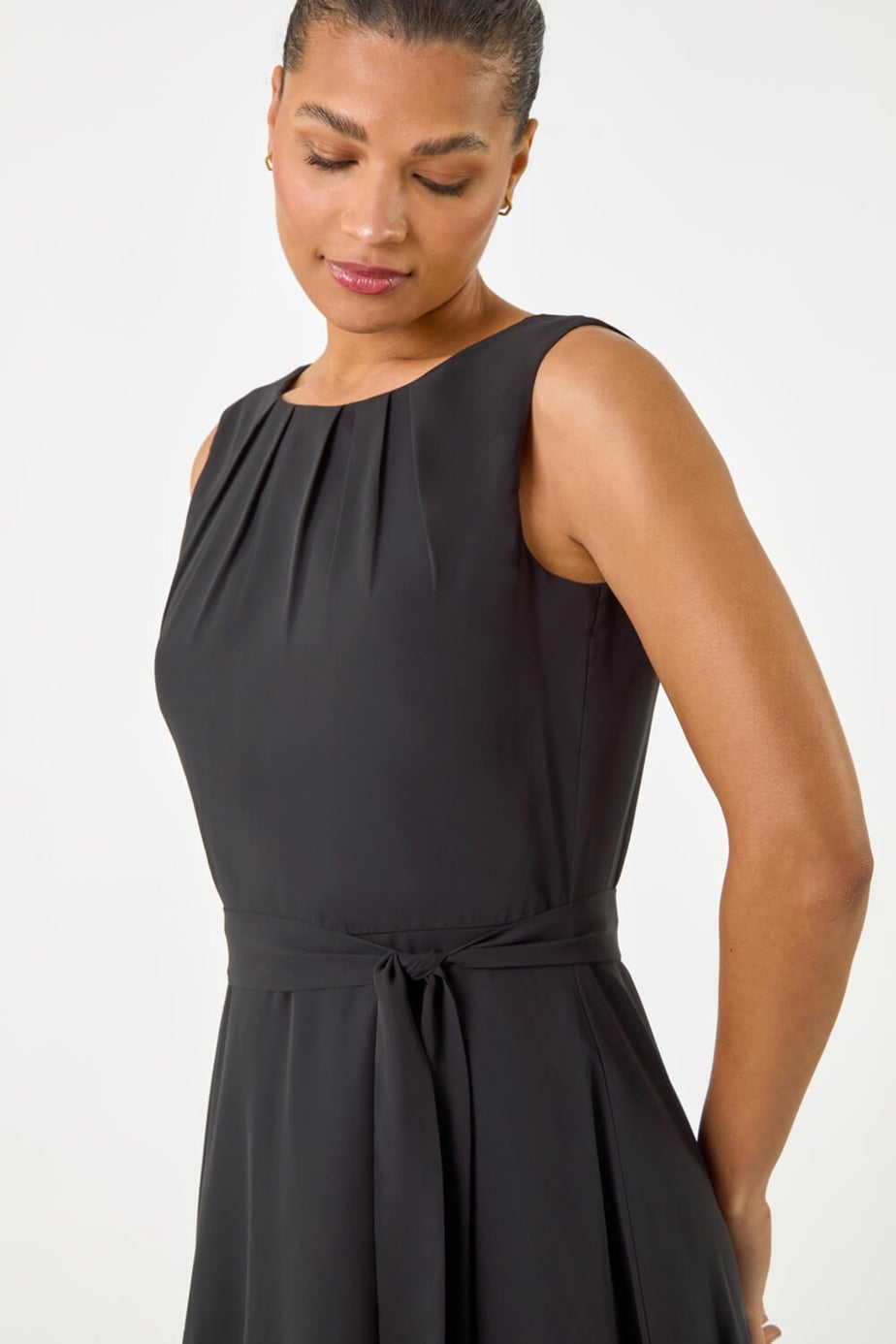 Roman Black Chiffon Pleat Neck Midi Dress