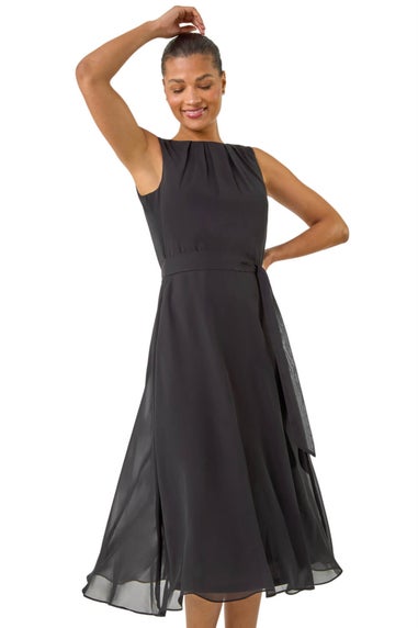 Roman Black Chiffon Pleat Neck Midi Dress