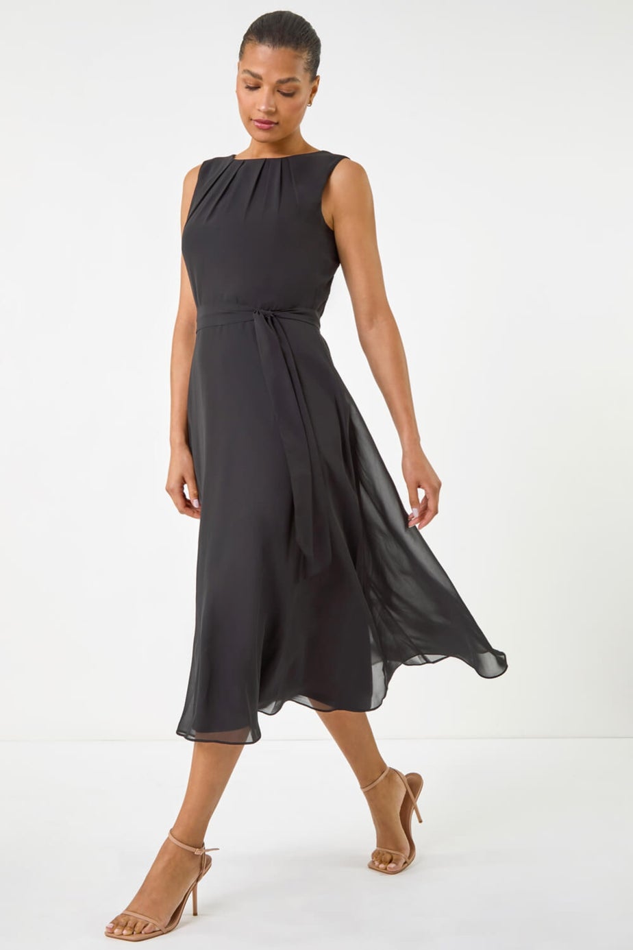 Roman Black Chiffon Pleat Neck Midi Dress