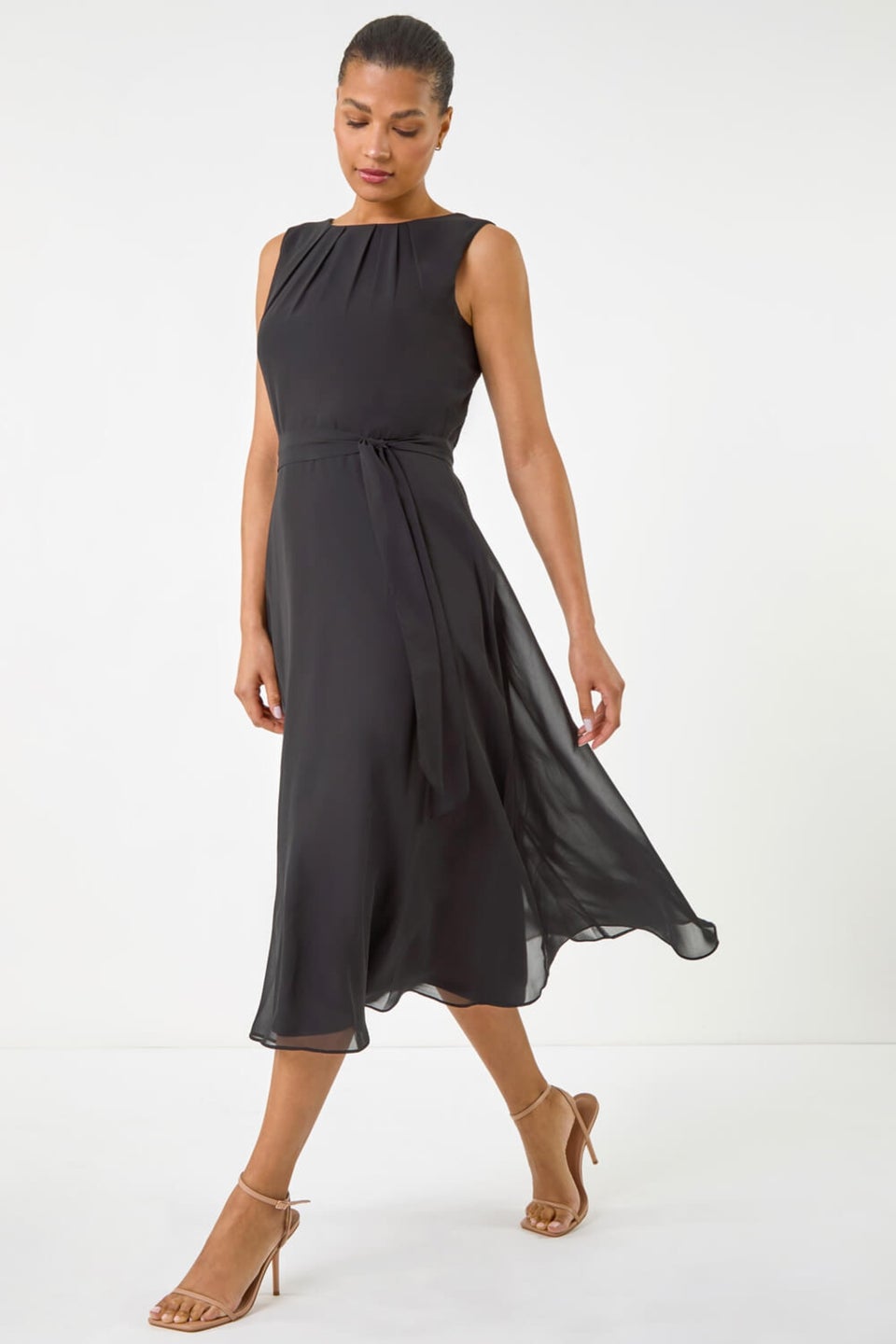 Roman Black Chiffon Pleat Neck Midi Dress