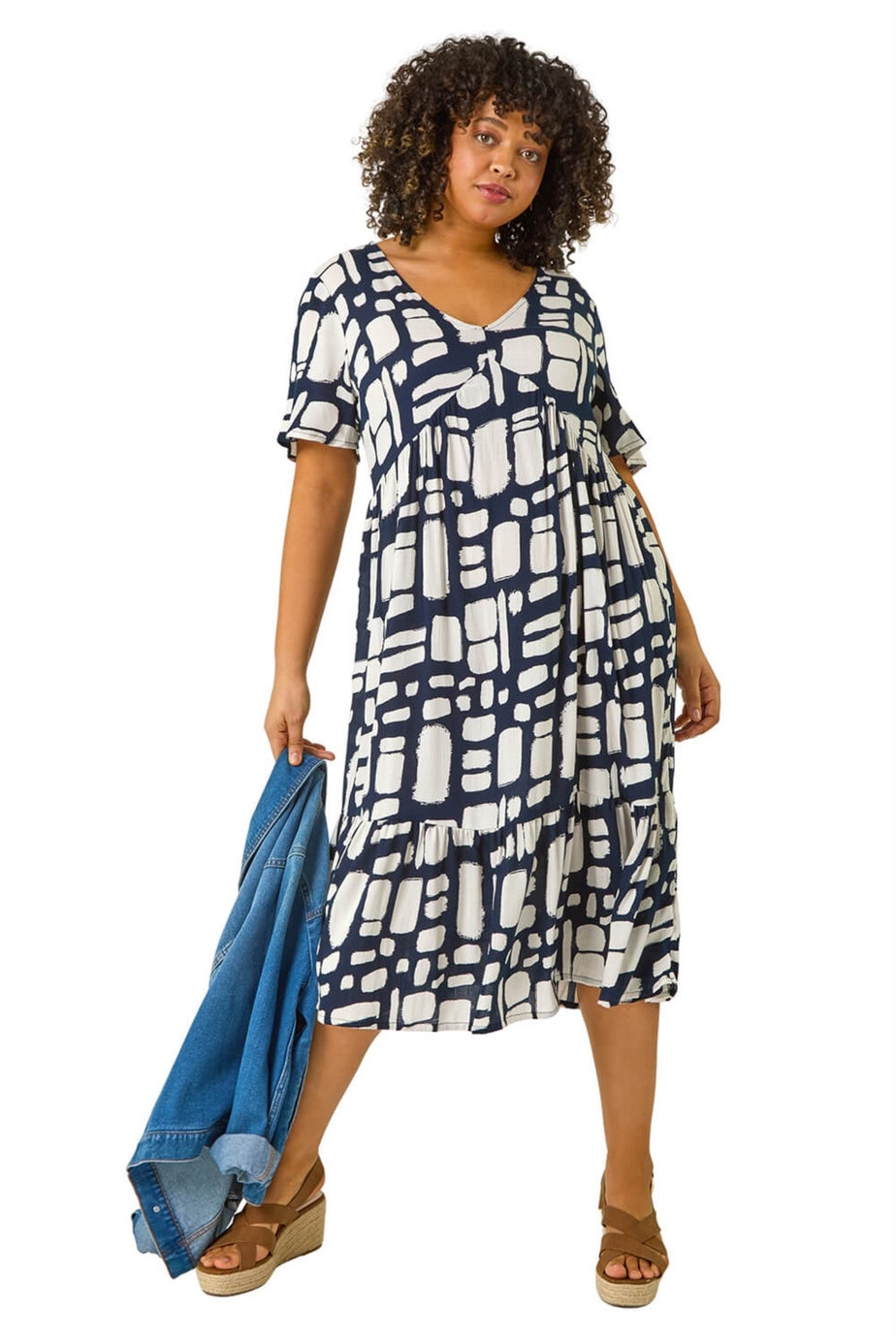 Roman Navy Curve Print Tiered V-Neck Dress
