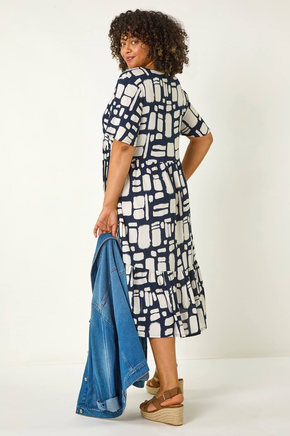 Roman Navy Curve Print Tiered V-Neck Dress