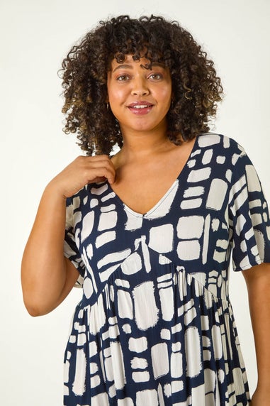 Roman Navy Curve Print Tiered V-Neck Dress