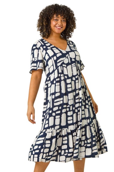 Roman Navy Curve Print Tiered V-Neck Dress