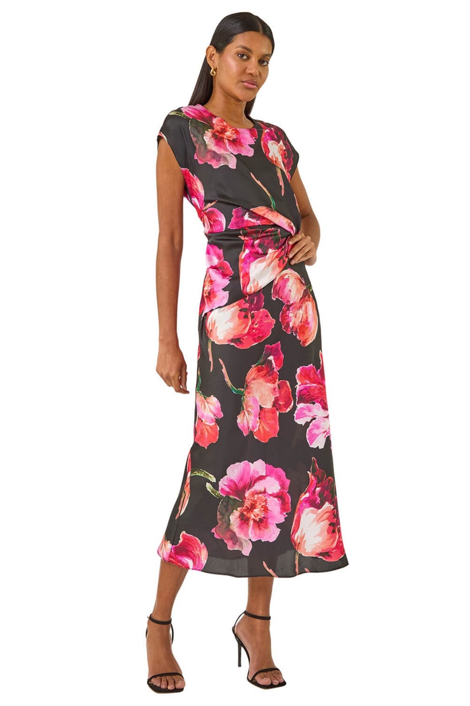 Roman Black Floral Printed Wrap Detail Midi Dress