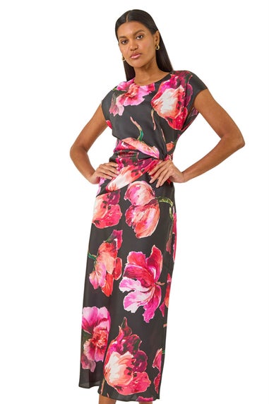 Roman Black Floral Printed Wrap Detail Midi Dress
