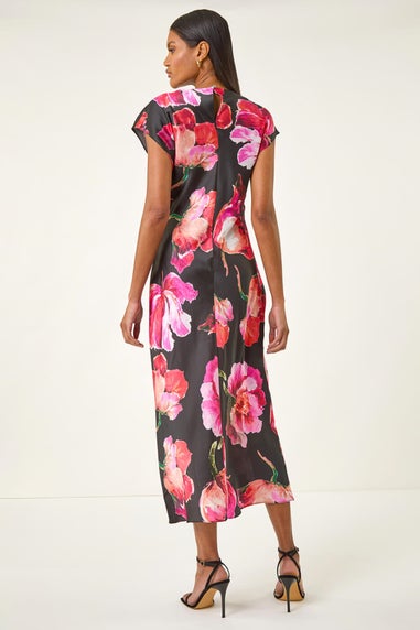 Roman Black Floral Printed Wrap Detail Midi Dress