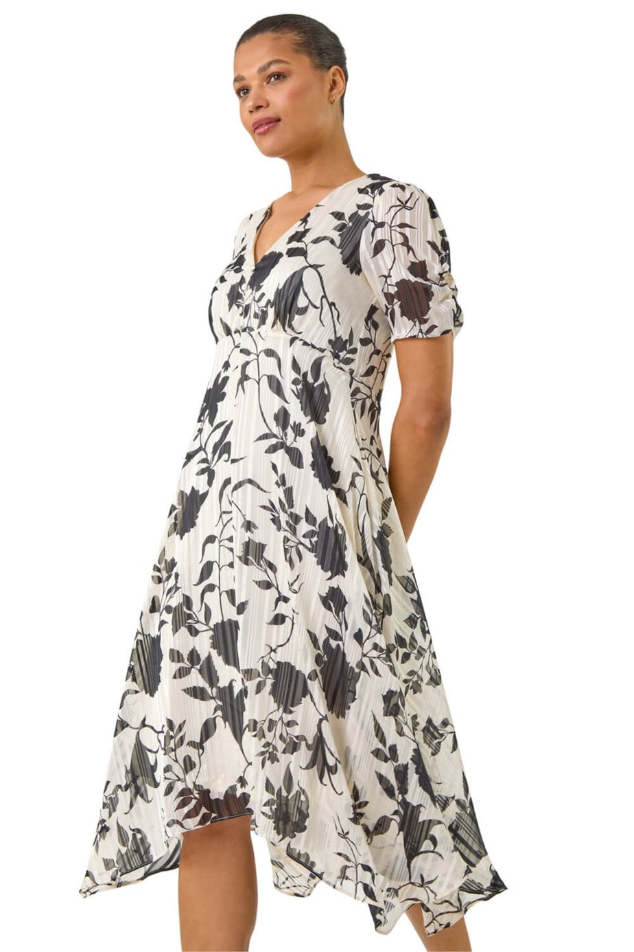 Roman Black Floral Print Hanky Hem Midi Dress