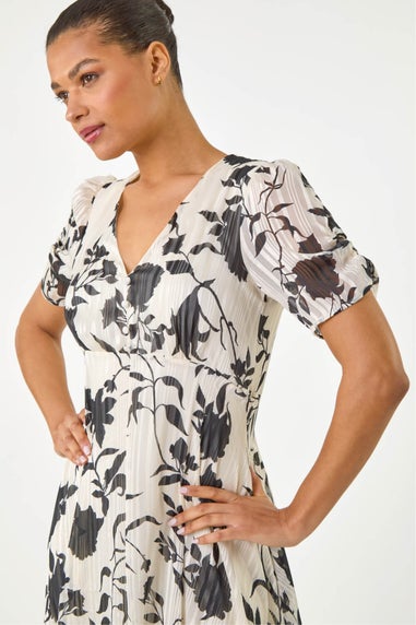 Roman Black Floral Print Hanky Hem Midi Dress