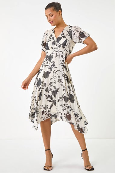 Roman Black Floral Print Hanky Hem Midi Dress