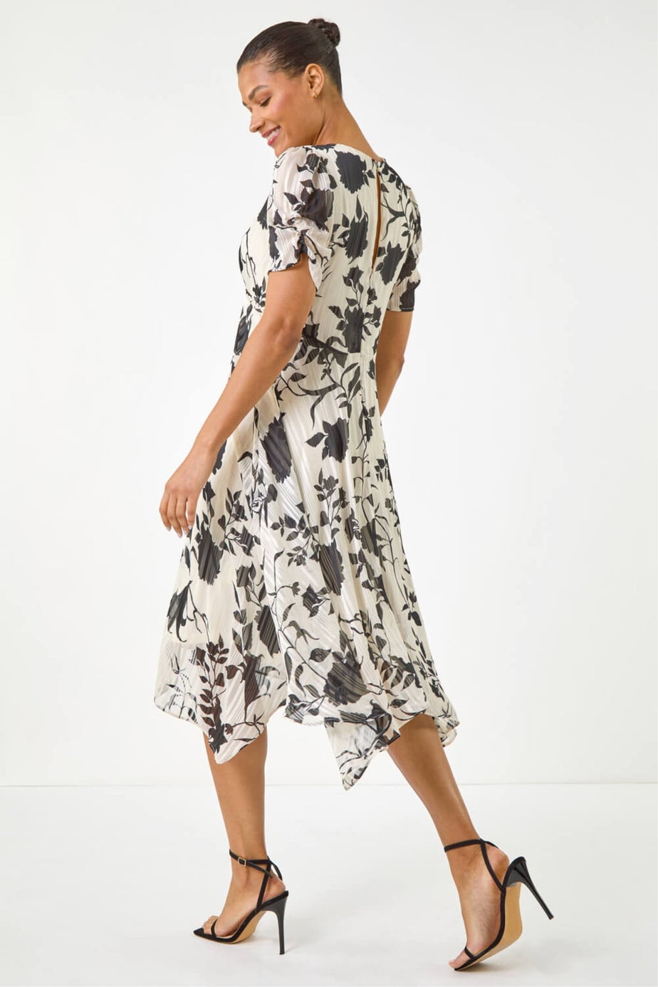 Roman Black Floral Print Hanky Hem Midi Dress