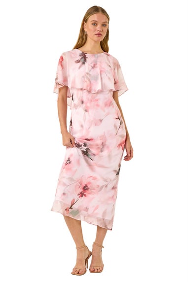 Roman Pink Floral Frill Chiffon Cape Midi Dress