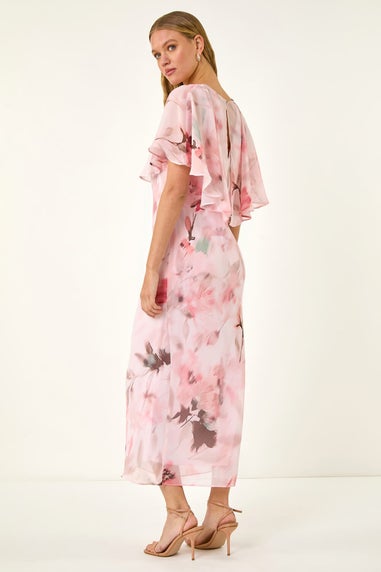 Roman Pink Floral Frill Chiffon Cape Midi Dress