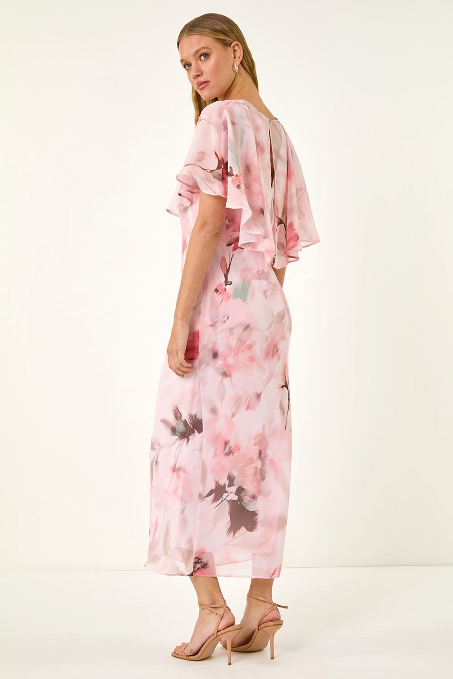 Roman Pink Floral Frill Chiffon Cape Midi Dress