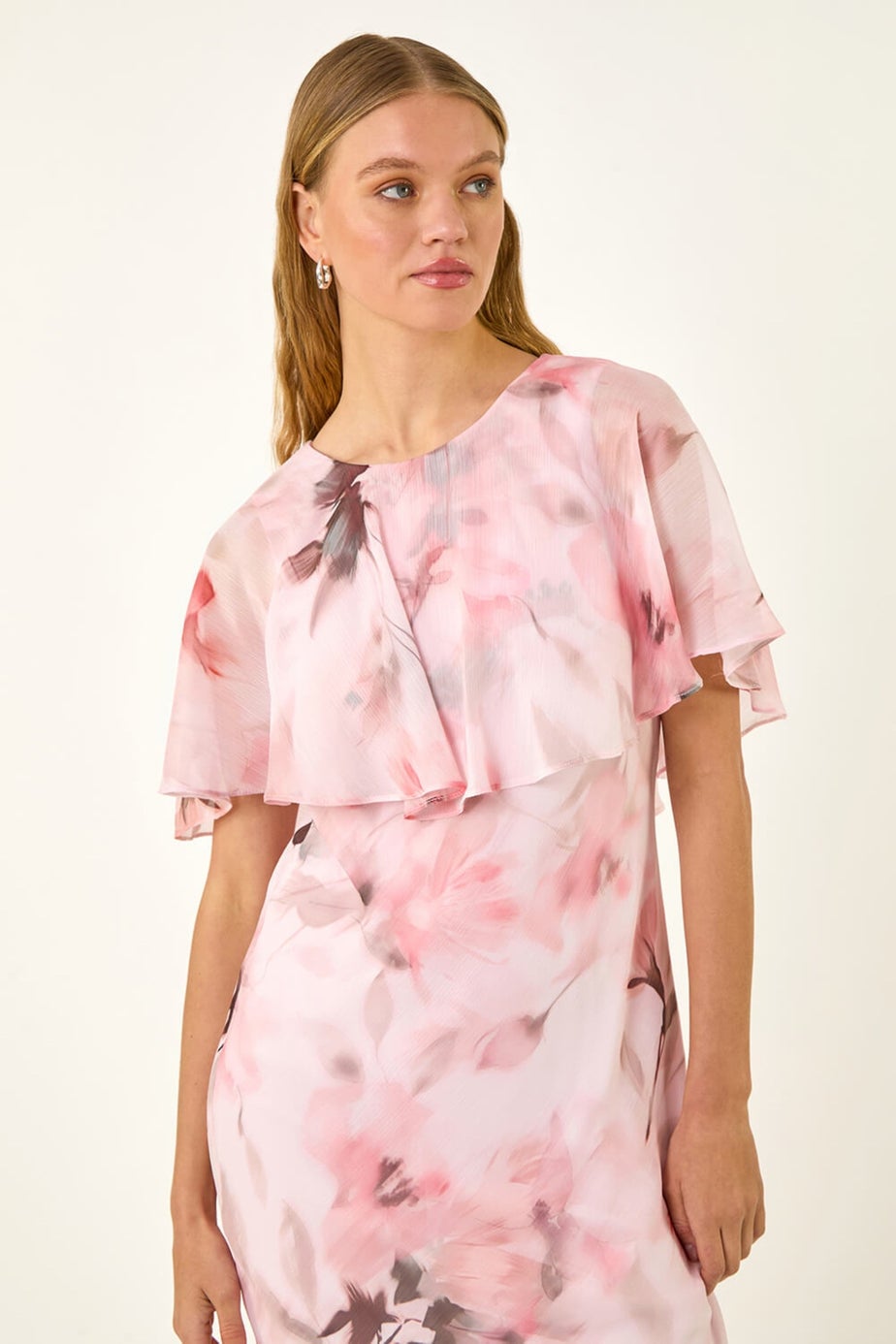 Roman Pink Floral Frill Chiffon Cape Midi Dress