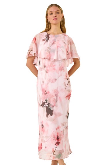 Roman Pink Floral Frill Chiffon Cape Midi Dress