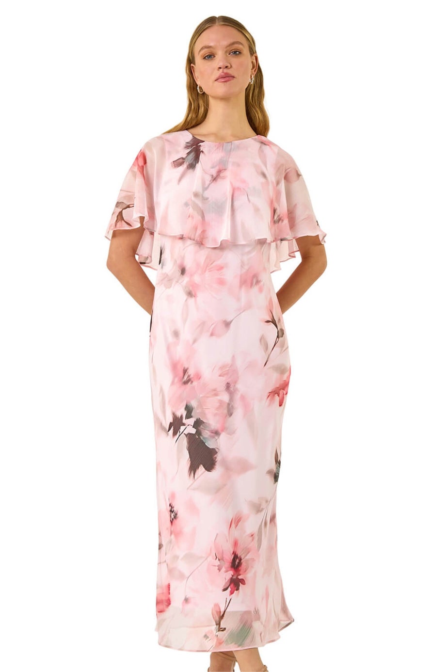 Roman Pink Floral Frill Chiffon Cape Midi Dress