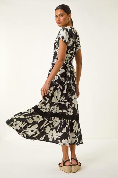 Roman Black Floral Print Lace Trim Midi Dress