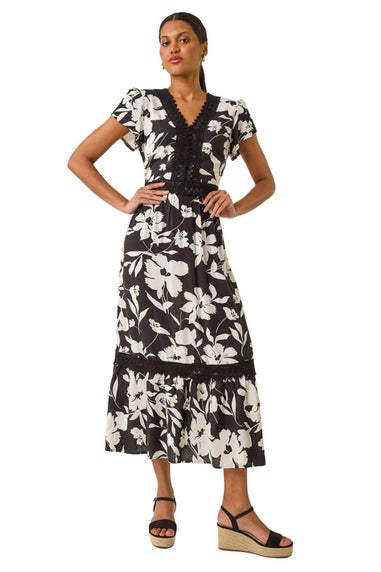 Roman Black Floral Print Lace Trim Midi Dress