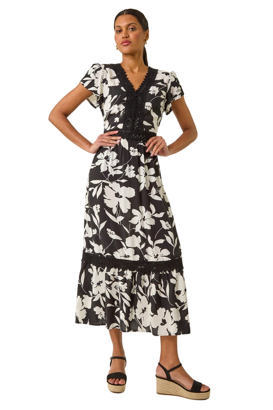 Roman Black Floral Print Lace Trim Midi Dress