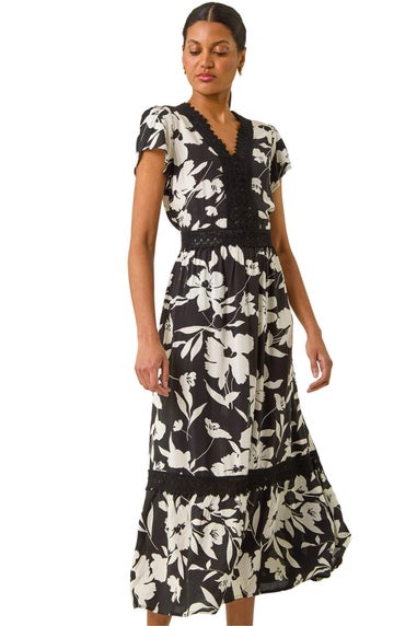 Roman Black Floral Print Lace Trim Midi Dress