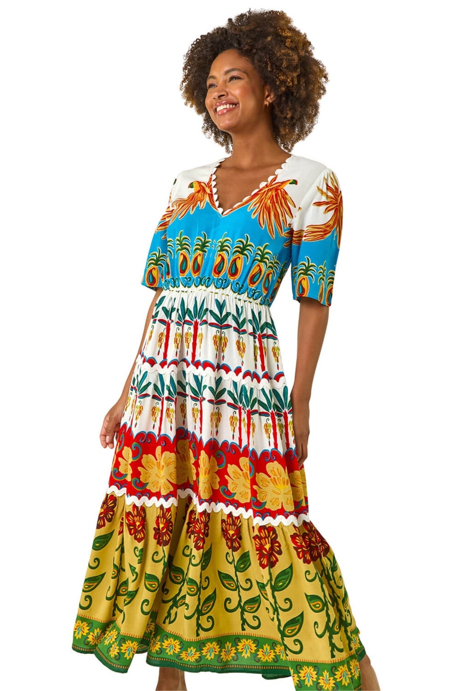 Roman Red Tropical Print V-Neck Maxi Dress