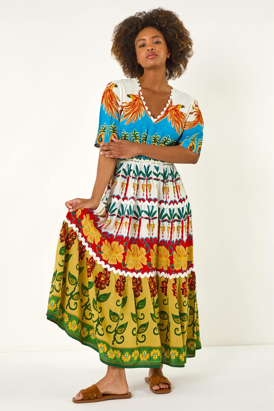 Roman Red Tropical Print V-Neck Maxi Dress