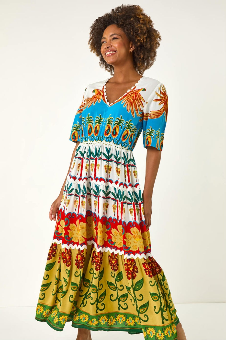 Roman Red Tropical Print V-Neck Maxi Dress