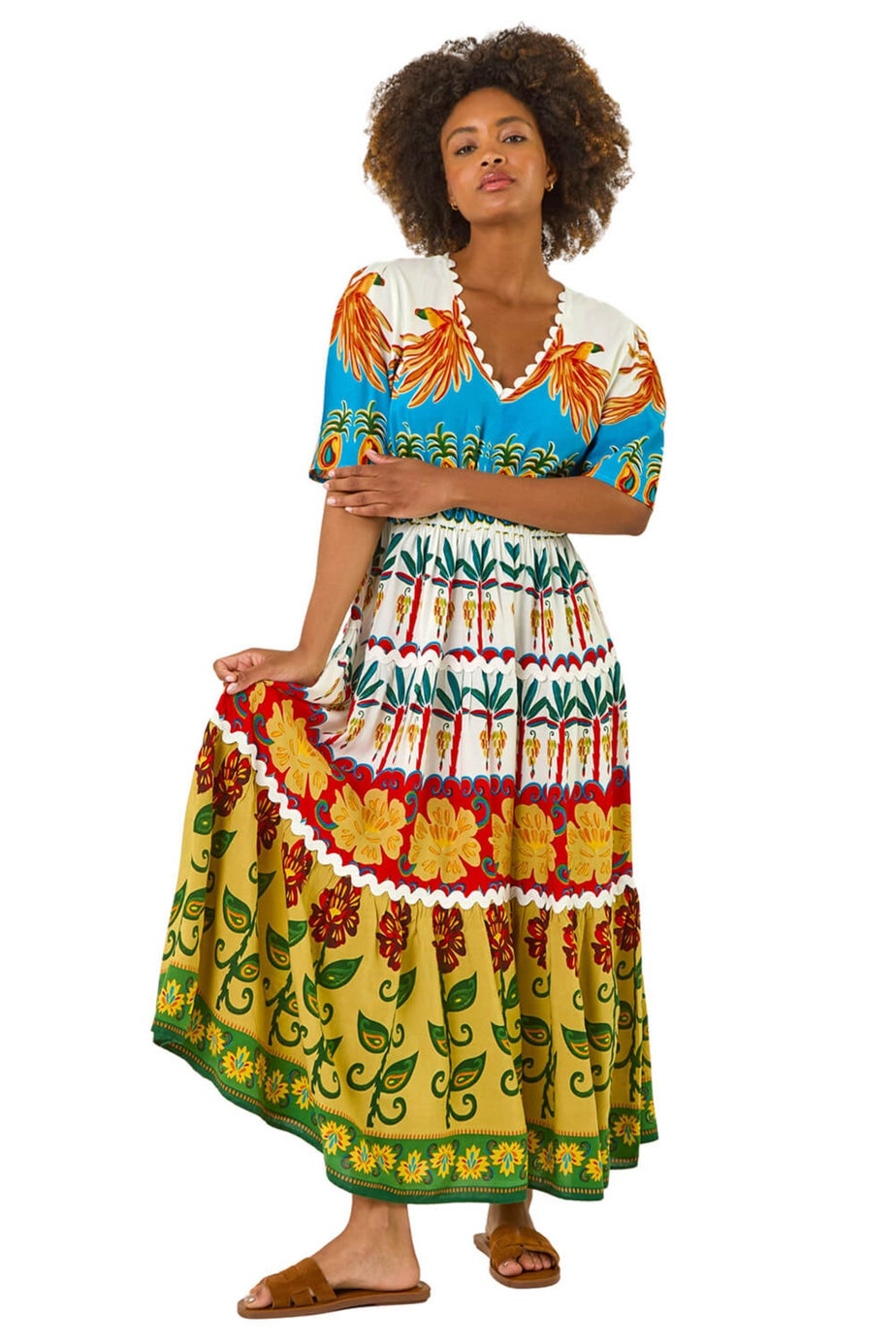 Roman Red Tropical Print V-Neck Maxi Dress