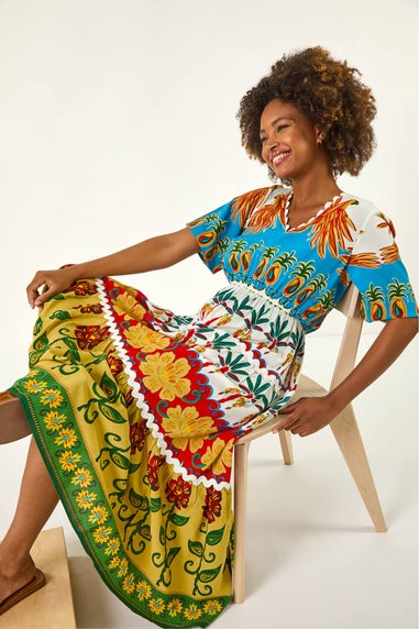 Roman Red Tropical Print V-Neck Maxi Dress