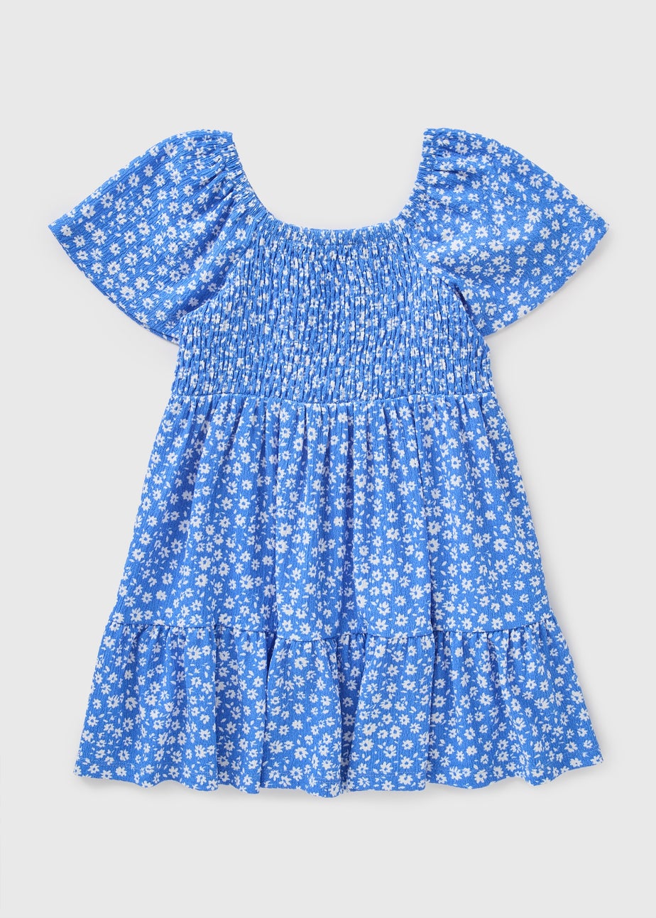 Girls Blue Floral Crinkle Dress (1-7yrs)
