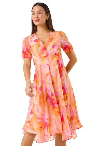 Roman Orange Abstract Painted Floral Hanky Hem Dress