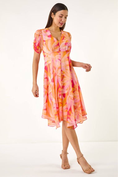 Roman Orange Abstract Painted Floral Hanky Hem Dress