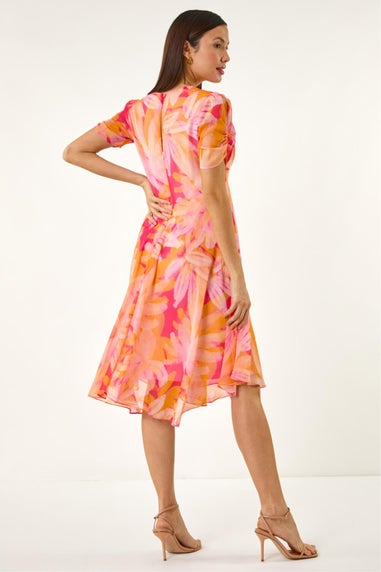 Roman Orange Abstract Painted Floral Hanky Hem Dress
