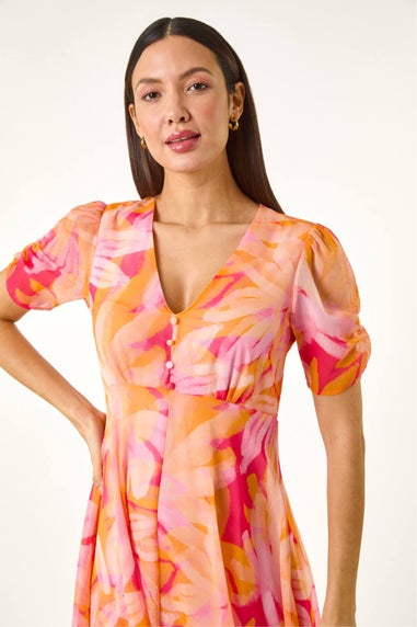 Roman Orange Abstract Painted Floral Hanky Hem Dress
