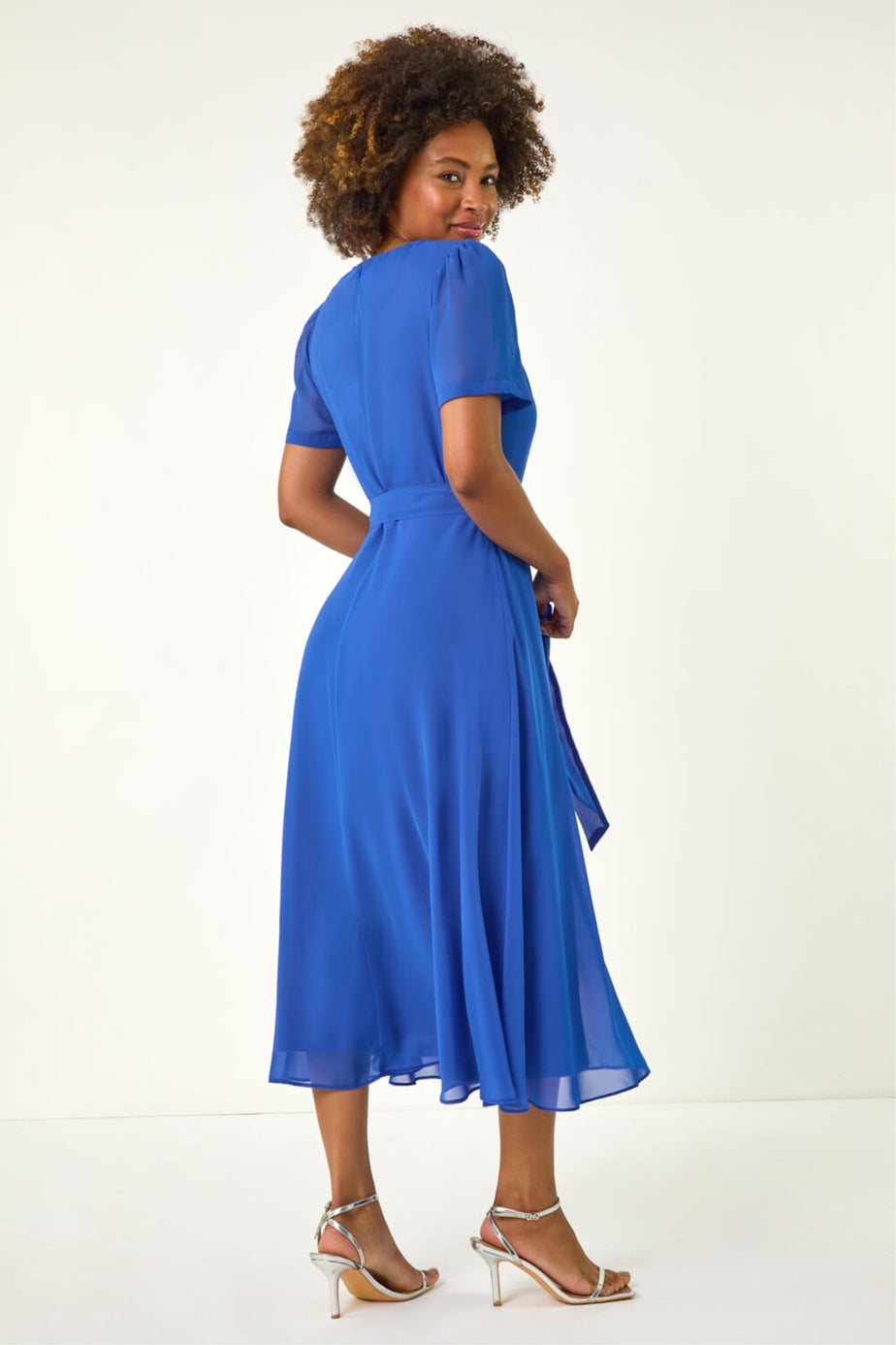 Roman Blue Pleat Chiffon Belted Midi Dress
