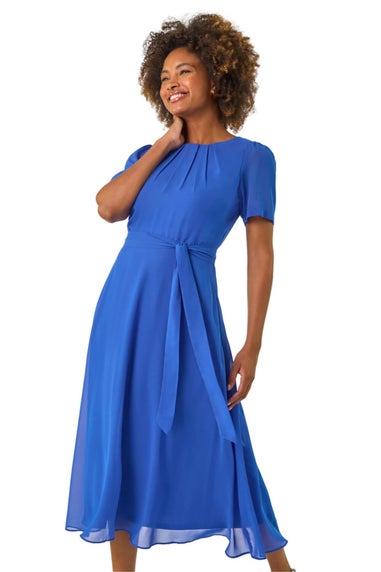 Roman Blue Pleat Chiffon Belted Midi Dress