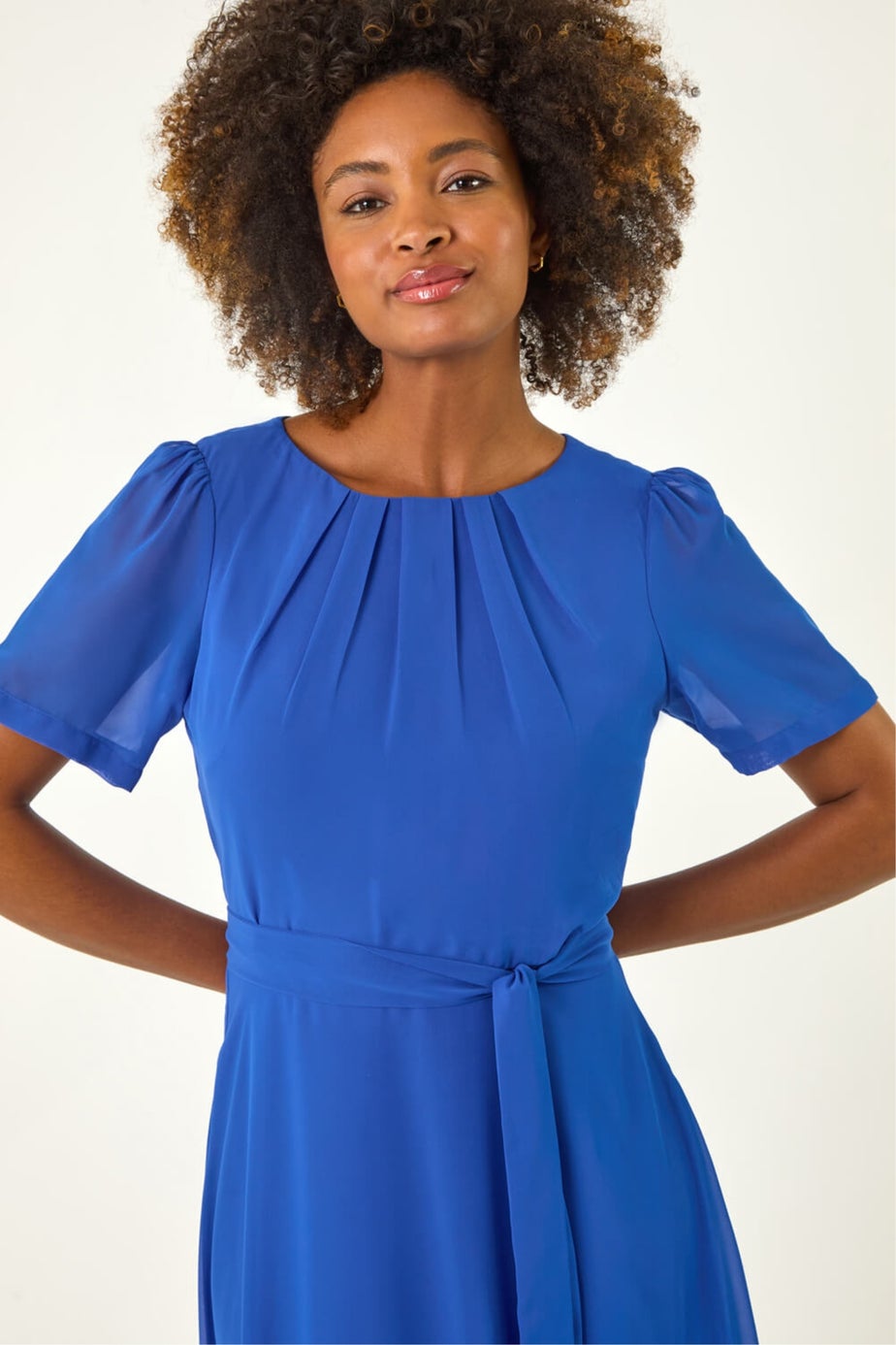 Roman Blue Pleat Chiffon Belted Midi Dress