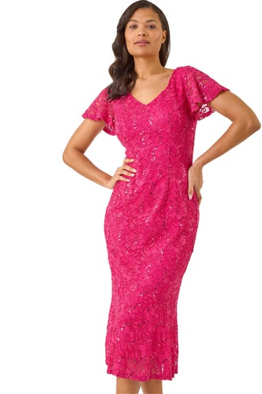 Roman Fuchsia Sequin Lace Ruffle Stretch Midi Dress