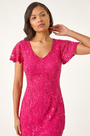 Roman Fuchsia Sequin Lace Ruffle Stretch Midi Dress